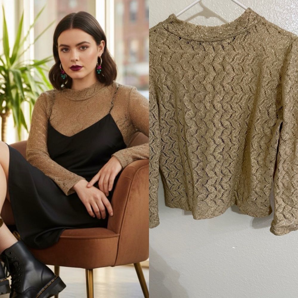 Y2K Gold Metallic Open Knit Top Boho Grunge Sheer Long Sleeve festival medium